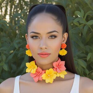 Coral And Yellow Fabric Flowers Jewelry Set, Flower Choker And Matching Earrings